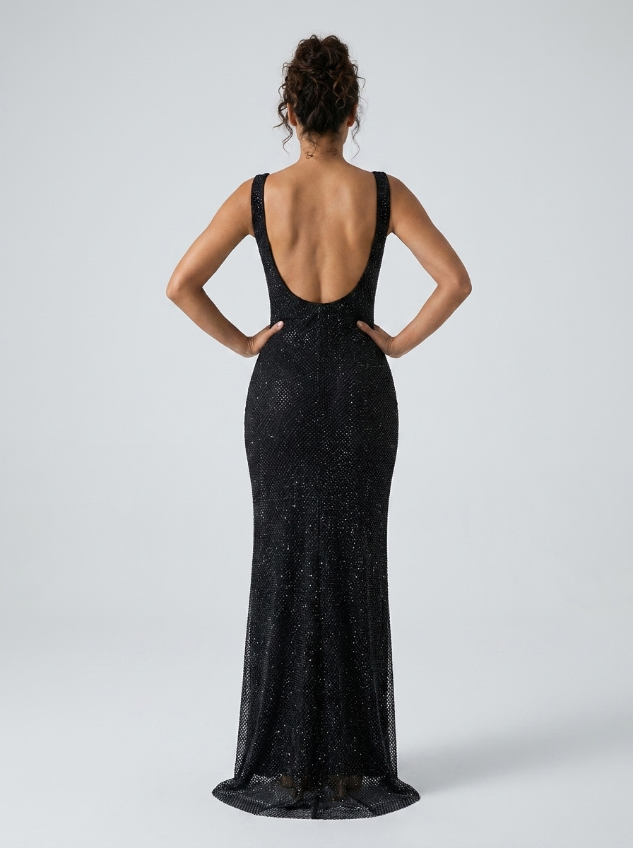 TANITH | RHINESTONE MESH SQUARE NECK MAXI DRESS - Black