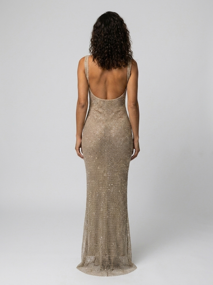 TANITH | RHINESTONE MESH SQUARE NECK MAXI DRESS - Champagne Gold