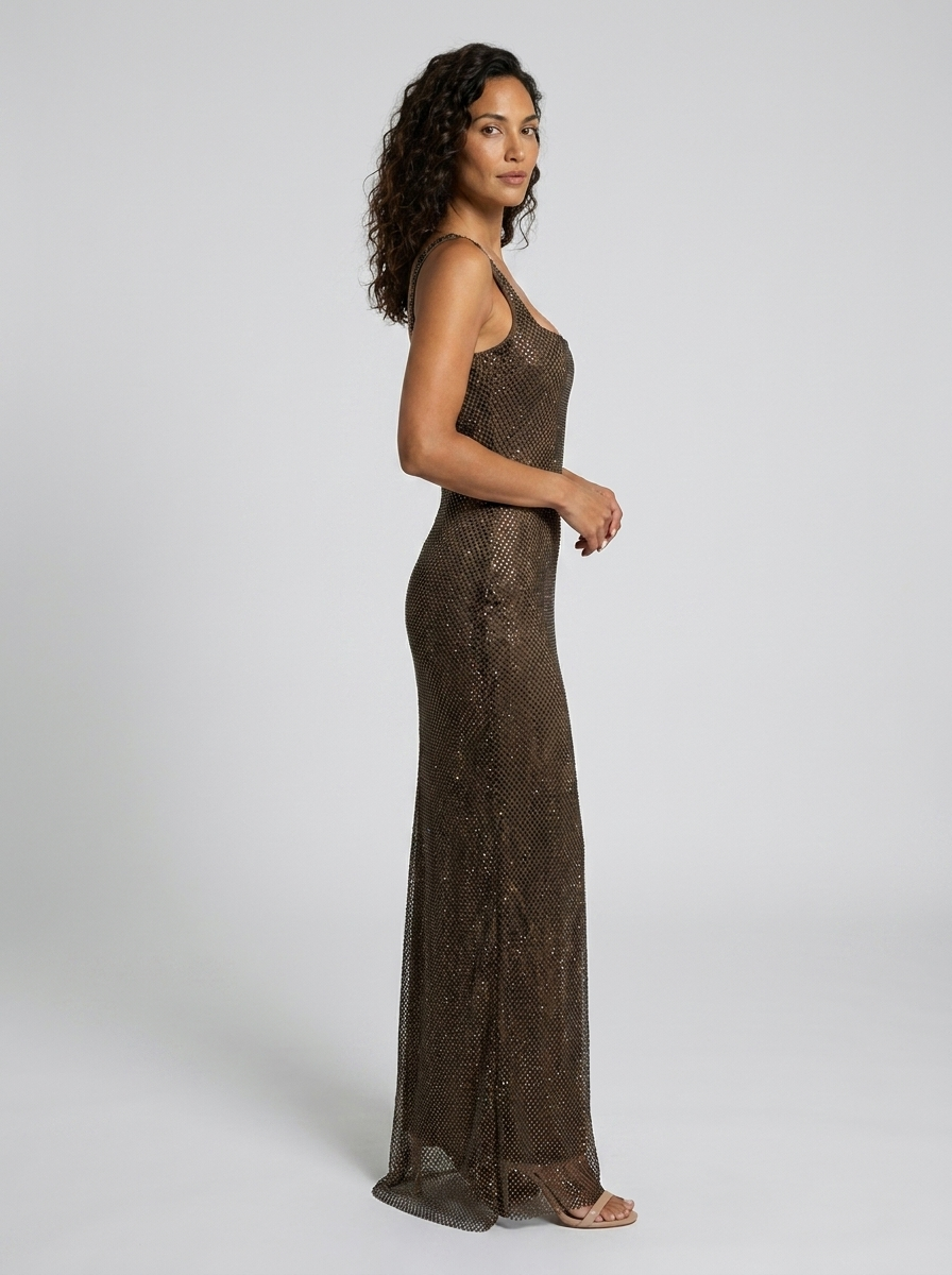 TANITH | RHINESTONE MESH SQUARE NECK MAXI DRESS - Chocolate Brown