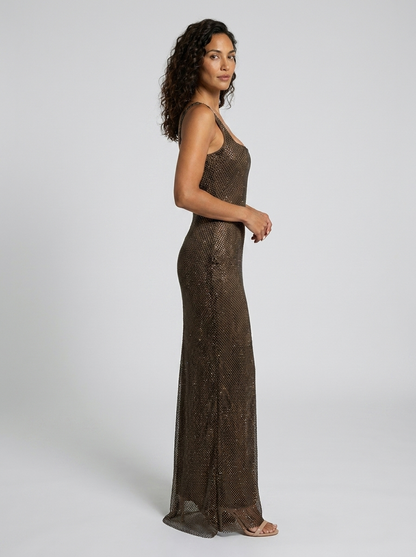 TANITH | RHINESTONE MESH SQUARE NECK MAXI DRESS - Chocolate Brown