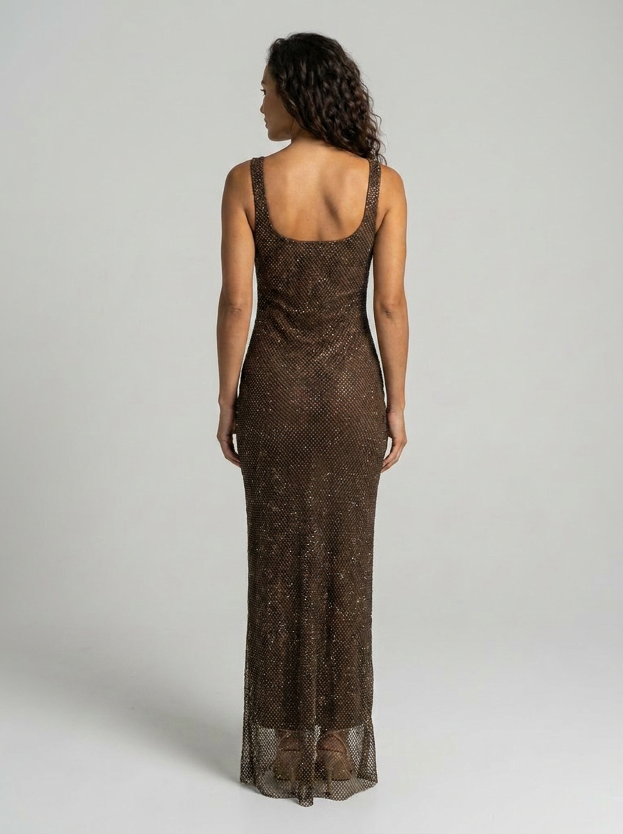 TANITH | RHINESTONE MESH SQUARE NECK MAXI DRESS - Chocolate Brown