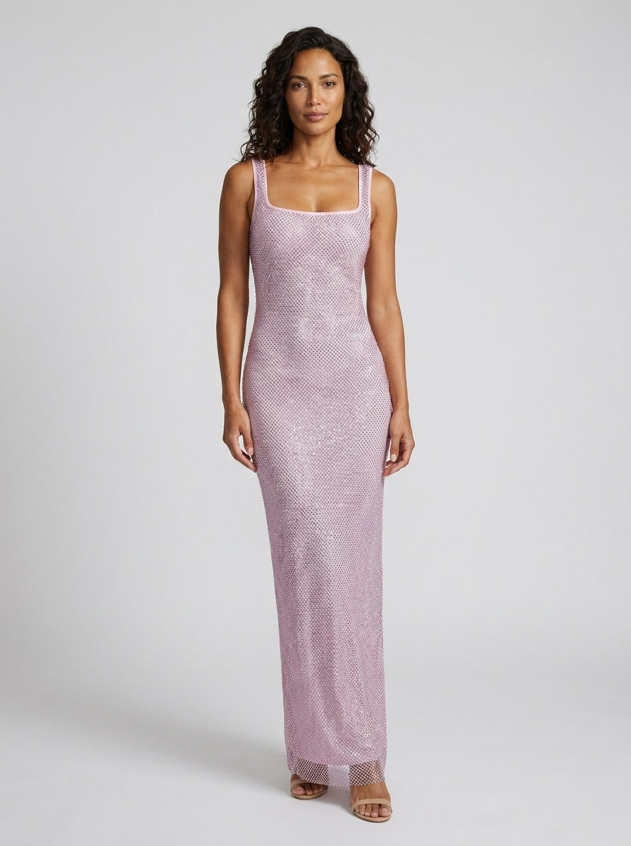 TANITH | RHINESTONE MESH SQUARE NECK MAXI DRESS - Mauve Pink