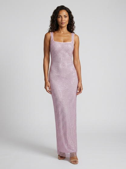 TANITH | RHINESTONE MESH SQUARE NECK MAXI DRESS - Mauve Pink