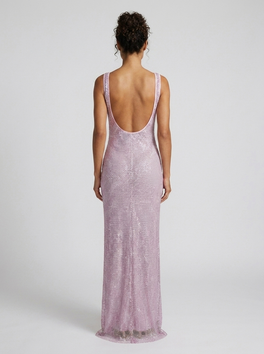 TANITH | RHINESTONE MESH SQUARE NECK MAXI DRESS - Mauve Pink