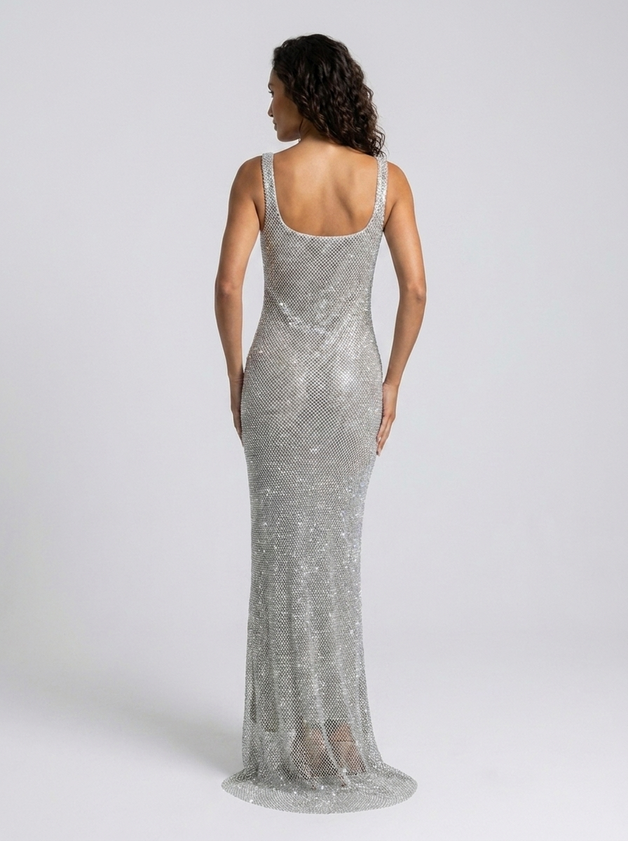 TANITH | RHINESTONE MESH SQUARE NECK MAXI DRESS - Silver