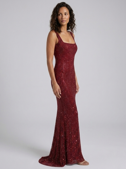 TANITH | RHINESTONE MESH SQUARE NECK MAXI DRESS - Wine Red