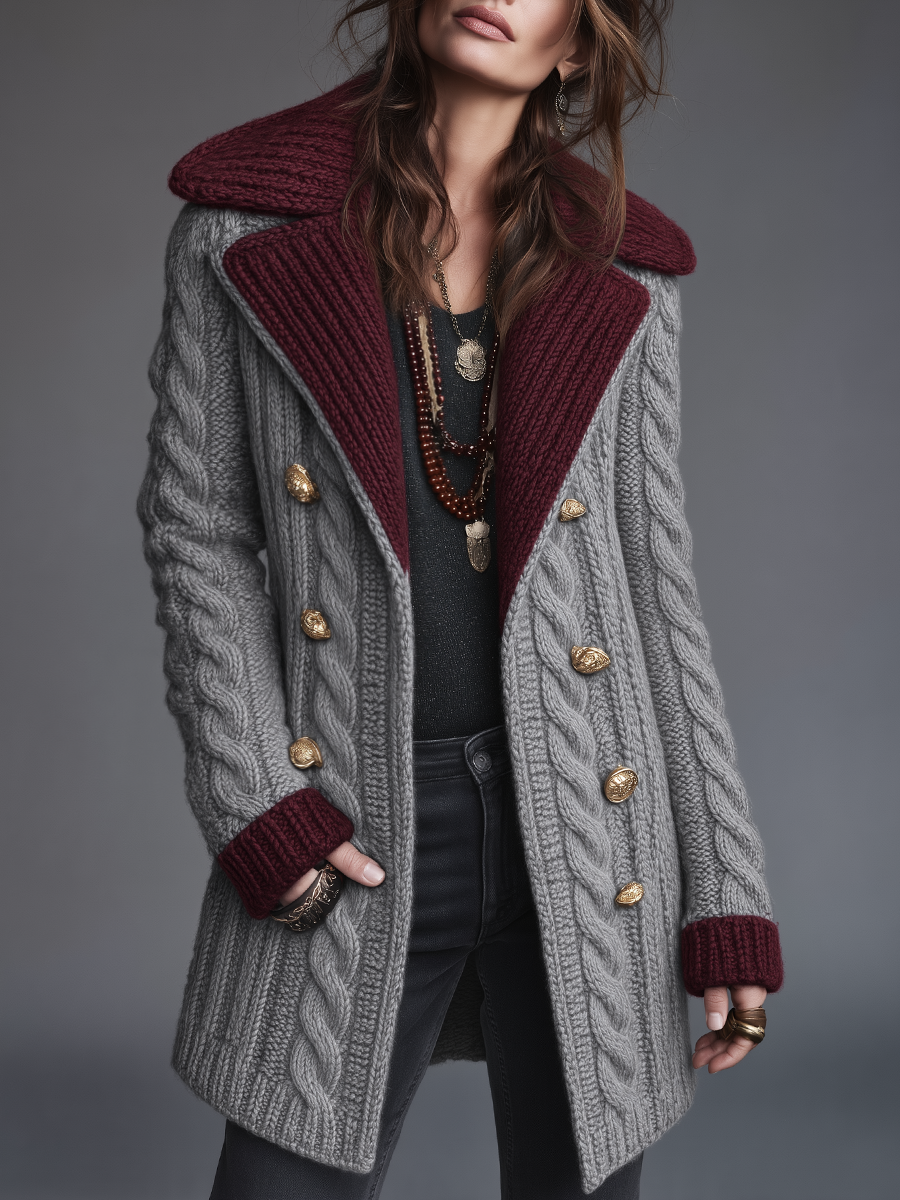 TARIN | CONTRAST COLLAR CABLE KNIT COAT - Gray