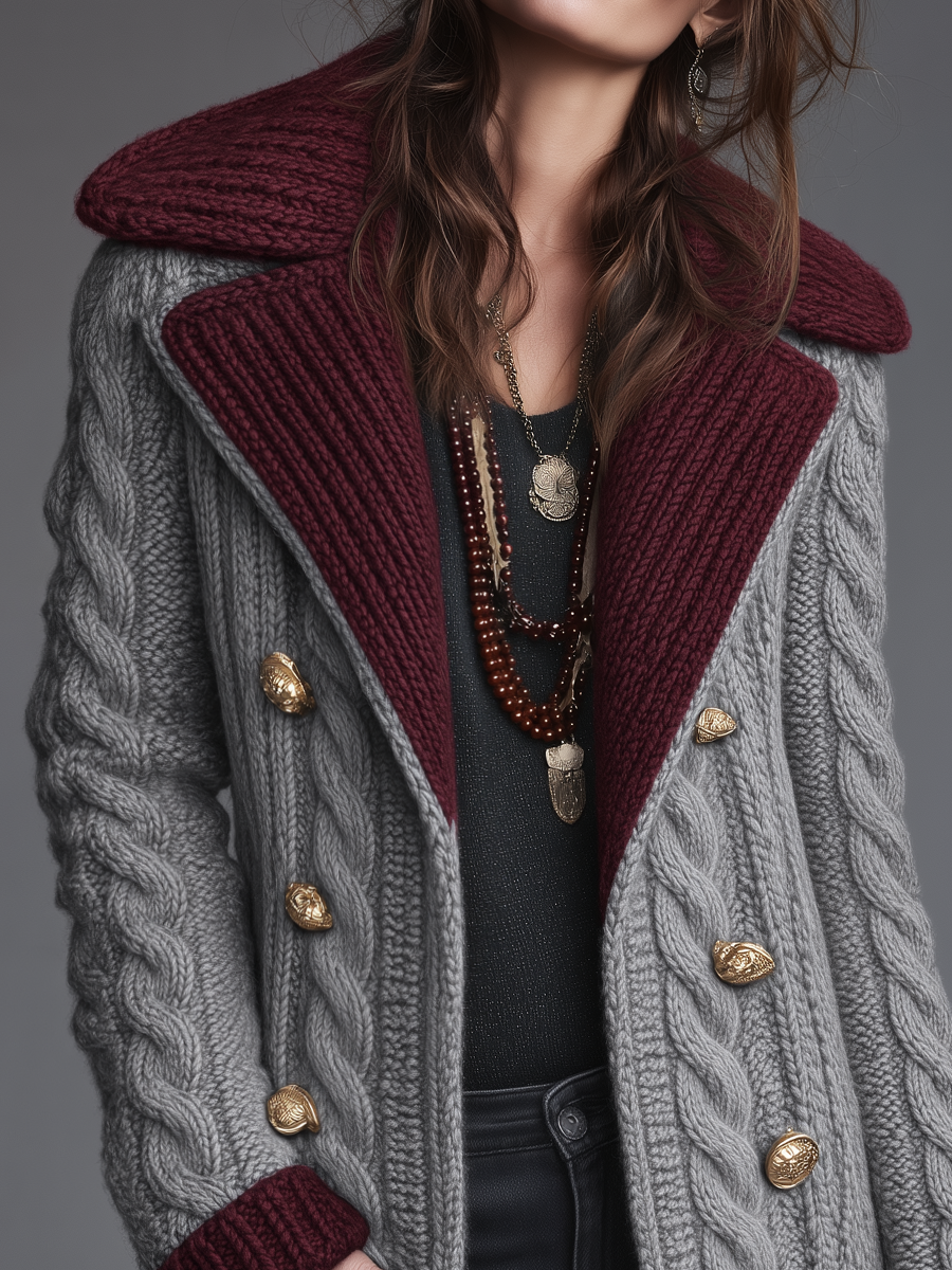 TARIN | CONTRAST COLLAR CABLE KNIT COAT - Gray