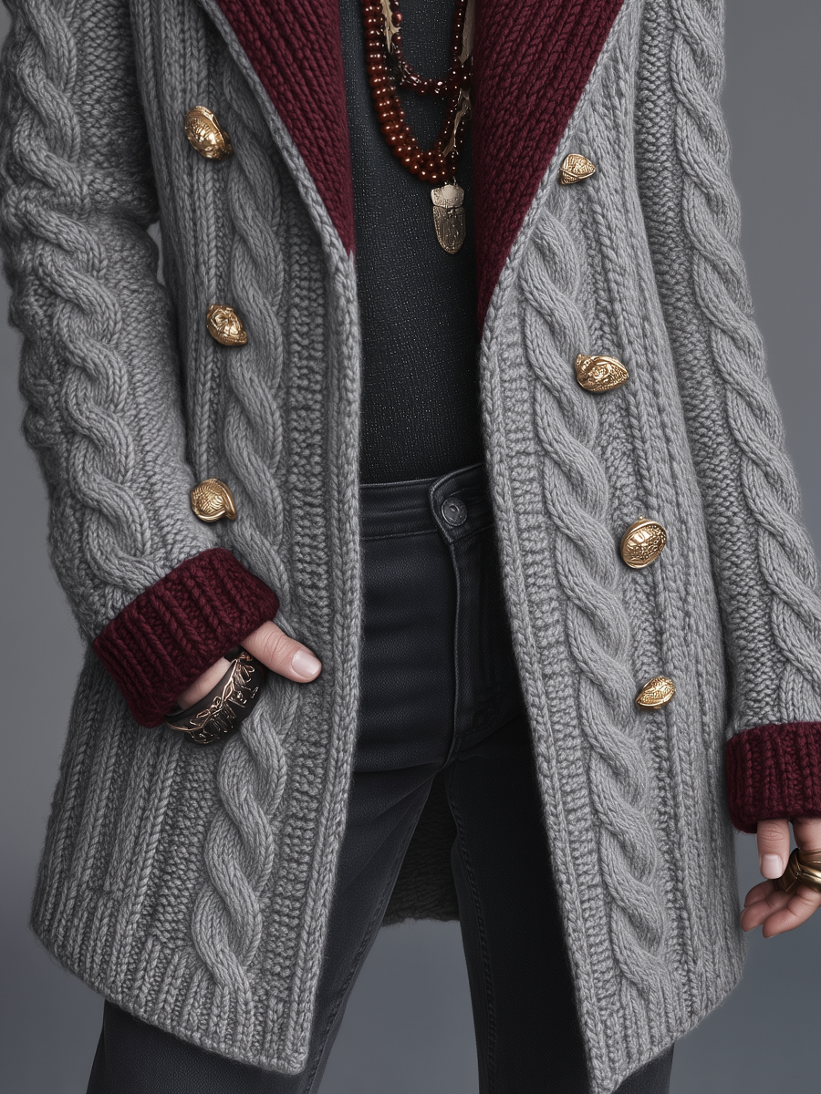 TARIN | CONTRAST COLLAR CABLE KNIT COAT - Gray