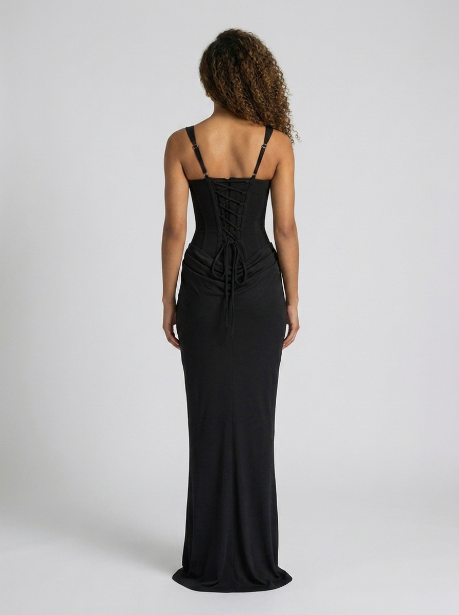 TARINA | RUCHED LACE-UP MAXI DRESS - Black
