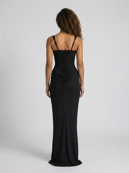 TARINA | RUCHED LACE-UP MAXI DRESS - Black
