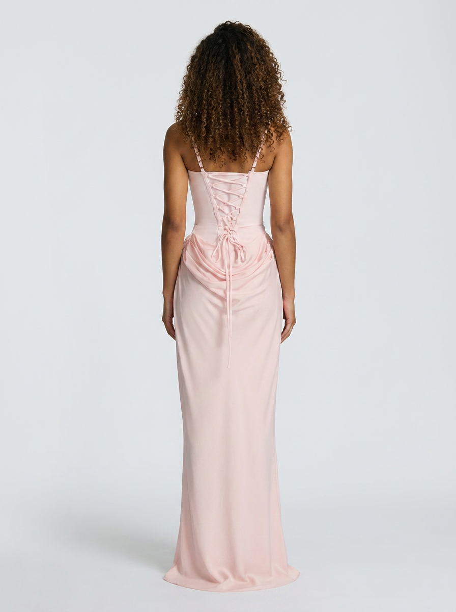 TARINA | RUCHED LACE-UP MAXI DRESS - Blush Pink