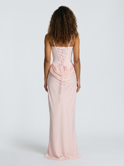 TARINA | RUCHED LACE-UP MAXI DRESS - Blush Pink