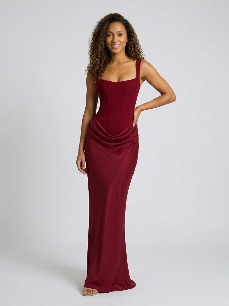 TARINA | RUCHED LACE-UP MAXI DRESS - Burgundy