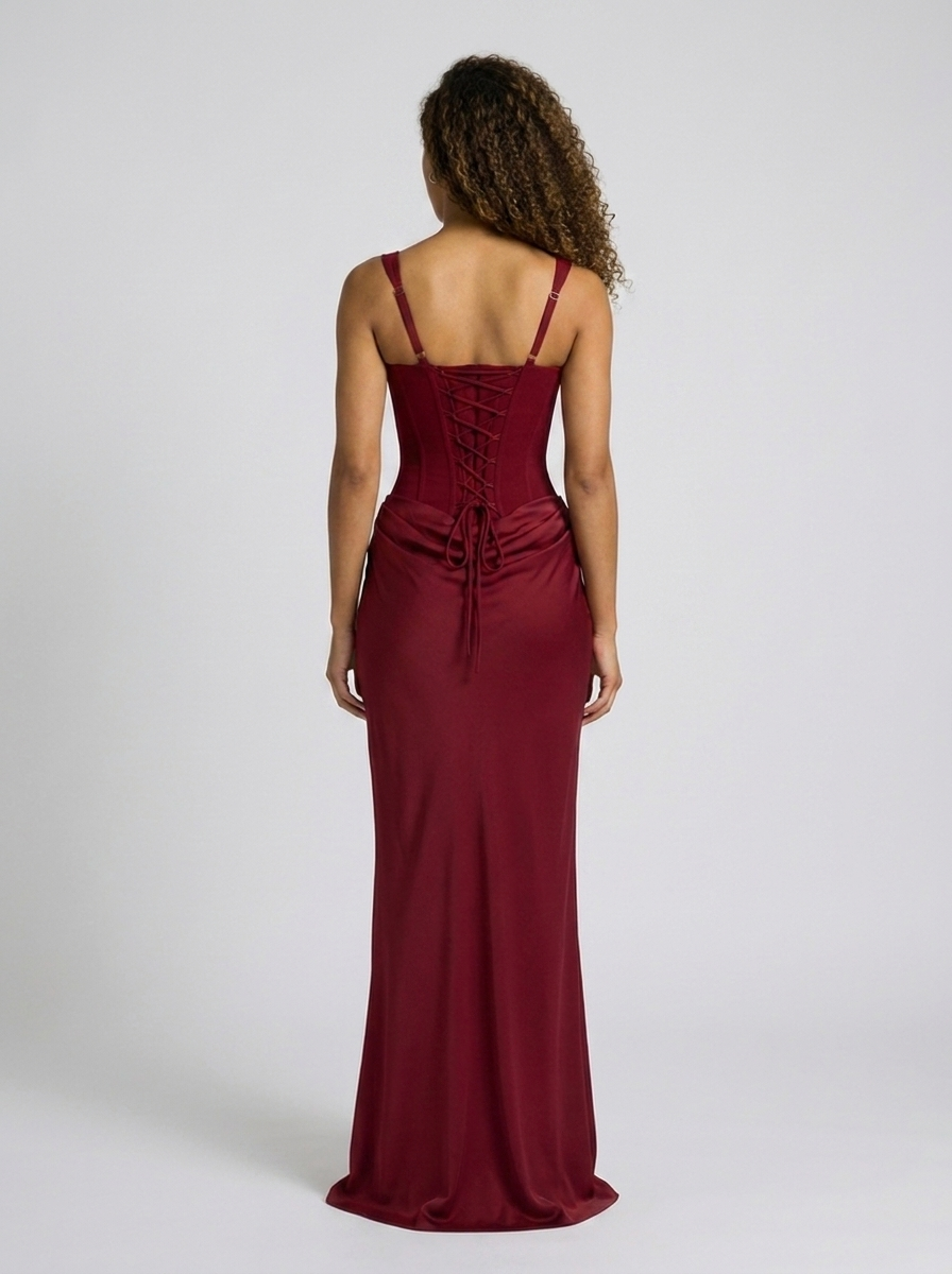 TARINA | RUCHED LACE-UP MAXI DRESS - Burgundy