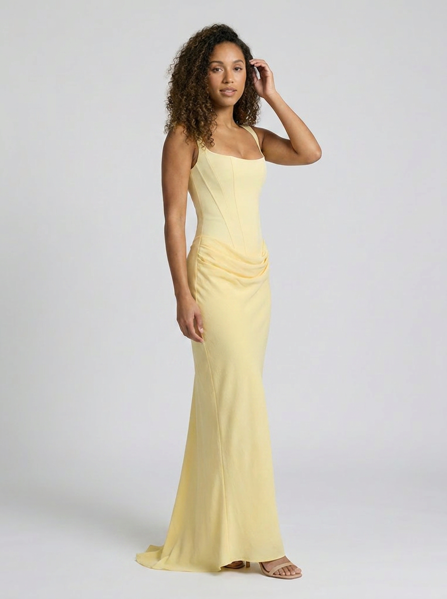 TARINA | RUCHED LACE-UP MAXI DRESS - Butter Yellow