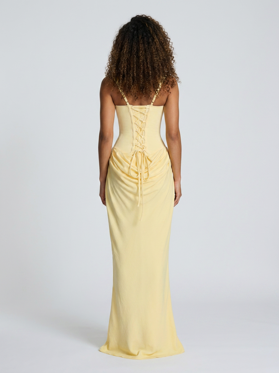 TARINA | RUCHED LACE-UP MAXI DRESS - Butter Yellow
