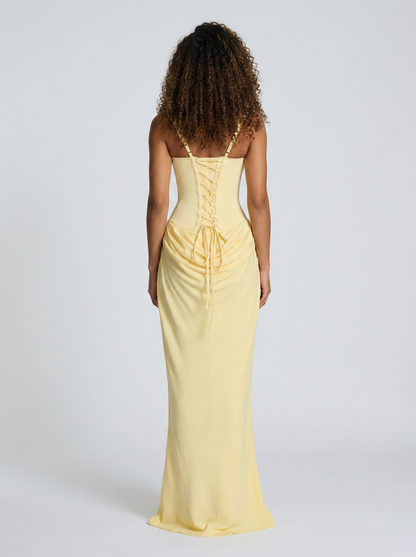 TARINA | RUCHED LACE-UP MAXI DRESS - Butter Yellow