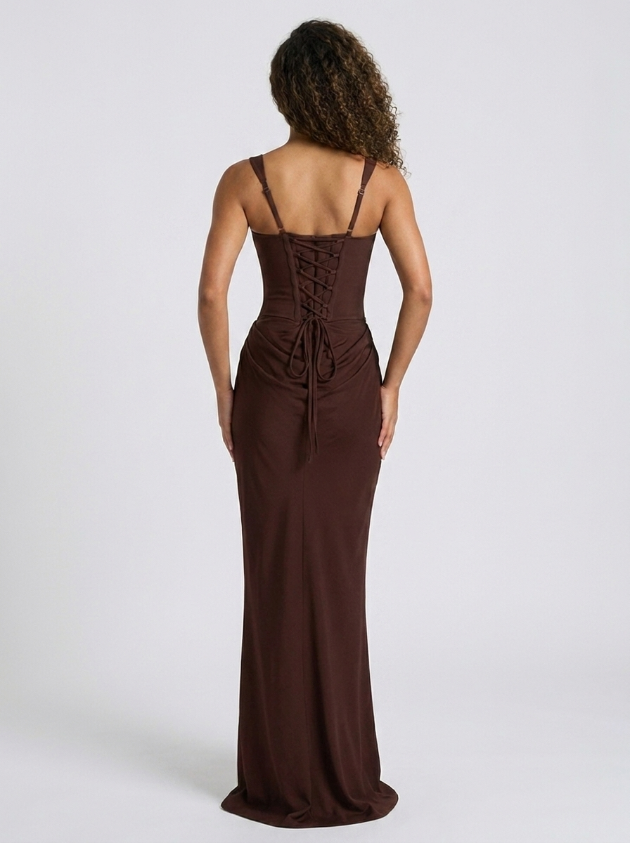 TARINA | RUCHED LACE-UP MAXI DRESS - Chocolate Brown