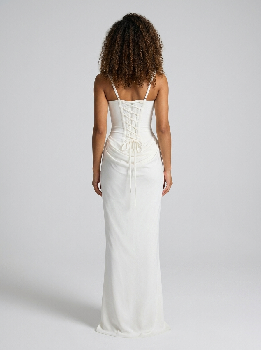 TARINA | RUCHED LACE-UP MAXI DRESS - Ivory