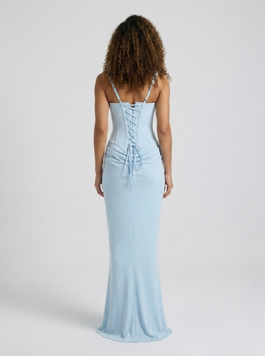 TARINA | RUCHED LACE-UP MAXI DRESS - Sky Blue