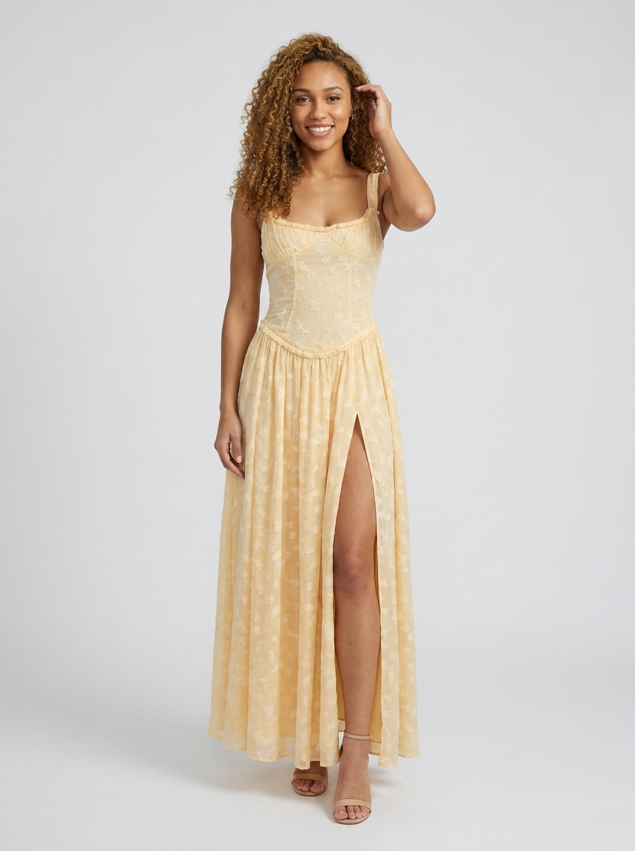 TARYN | HIGH SLIT FITTED BODICE MAXI DRESS - Butter Yellow