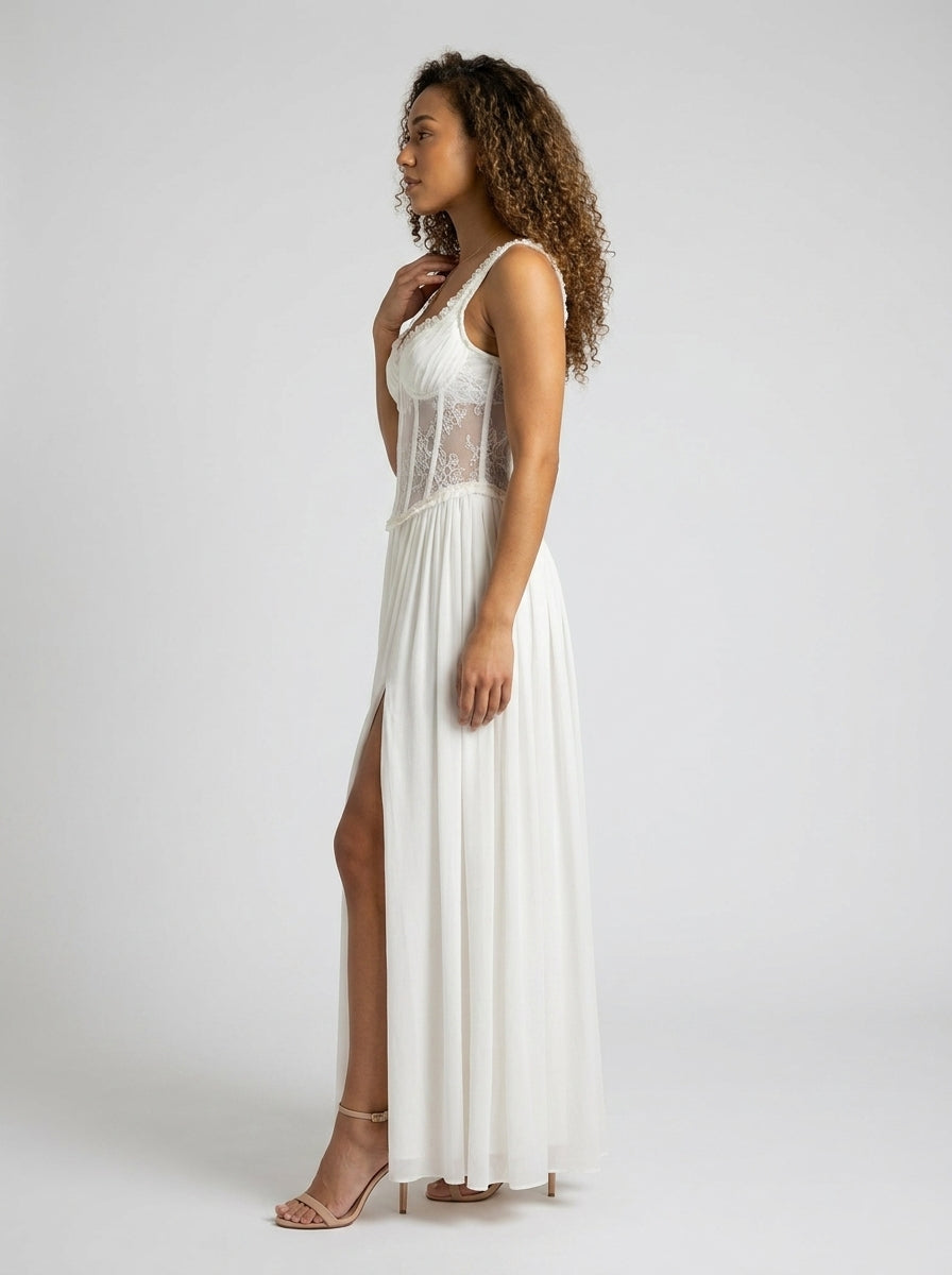 TARYN | HIGH SLIT FITTED BODICE MAXI DRESS - White