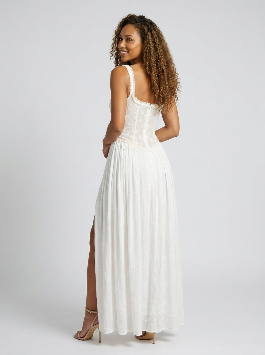 TARYN | HIGH SLIT FITTED BODICE MAXI DRESS - White