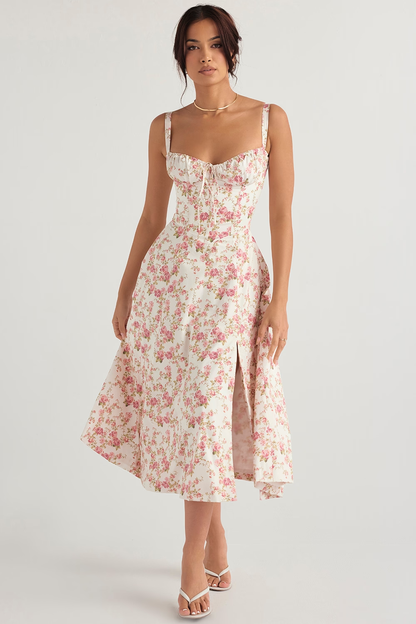 Pink and cream floral midi dress with sweetheart neckline