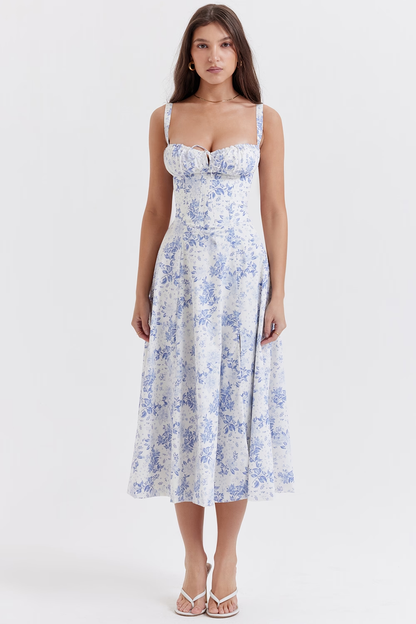 Blue and white floral midi dress with square neckline