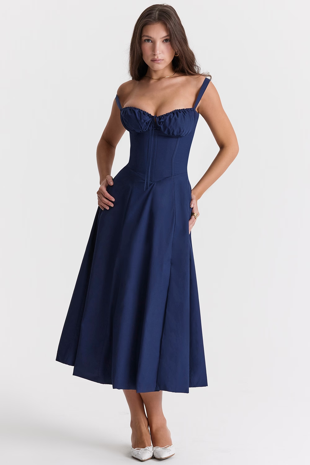 Navy blue midi dress with corset bodice and full skirt