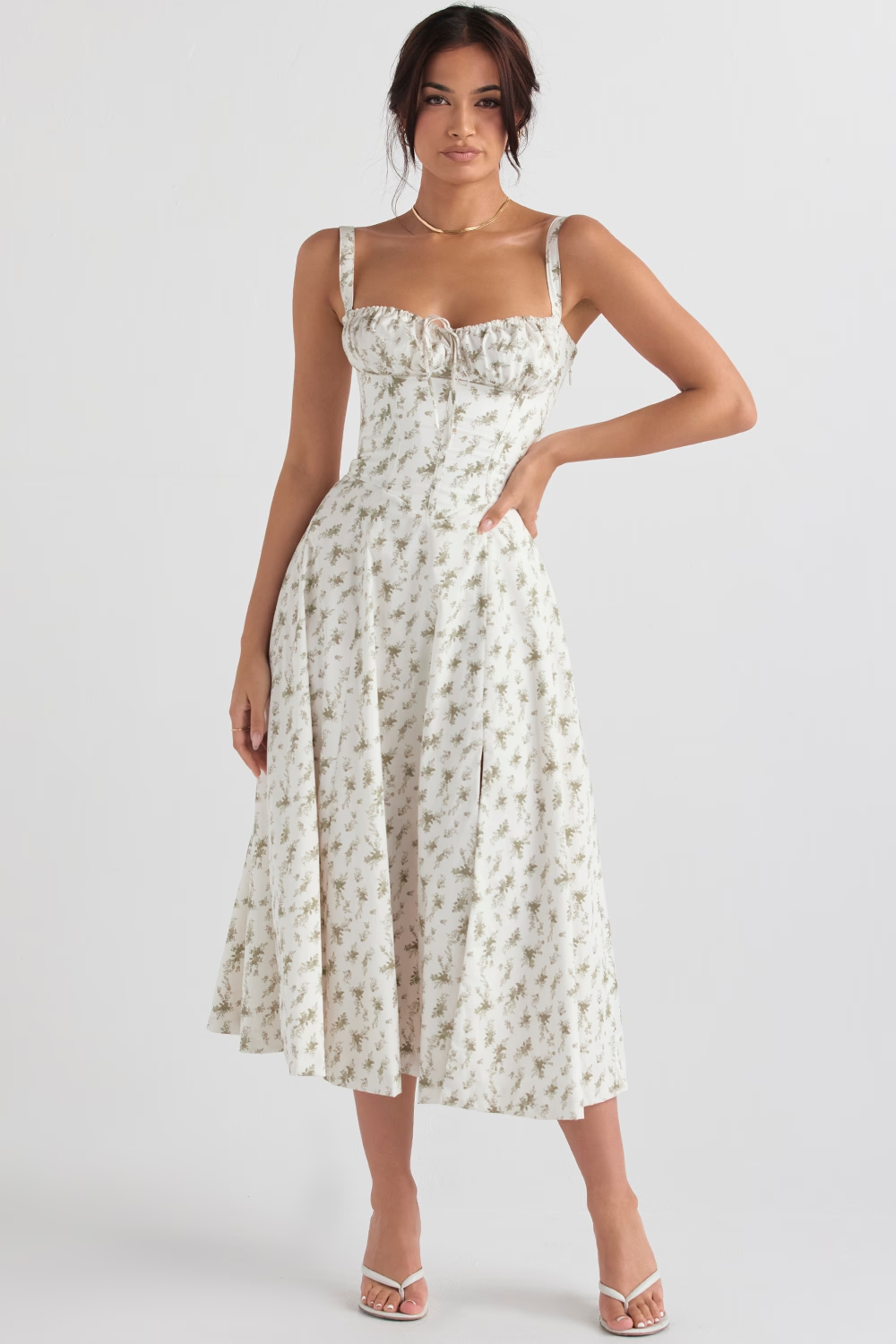 Cream and sage green floral midi dress with sweetheart neckline