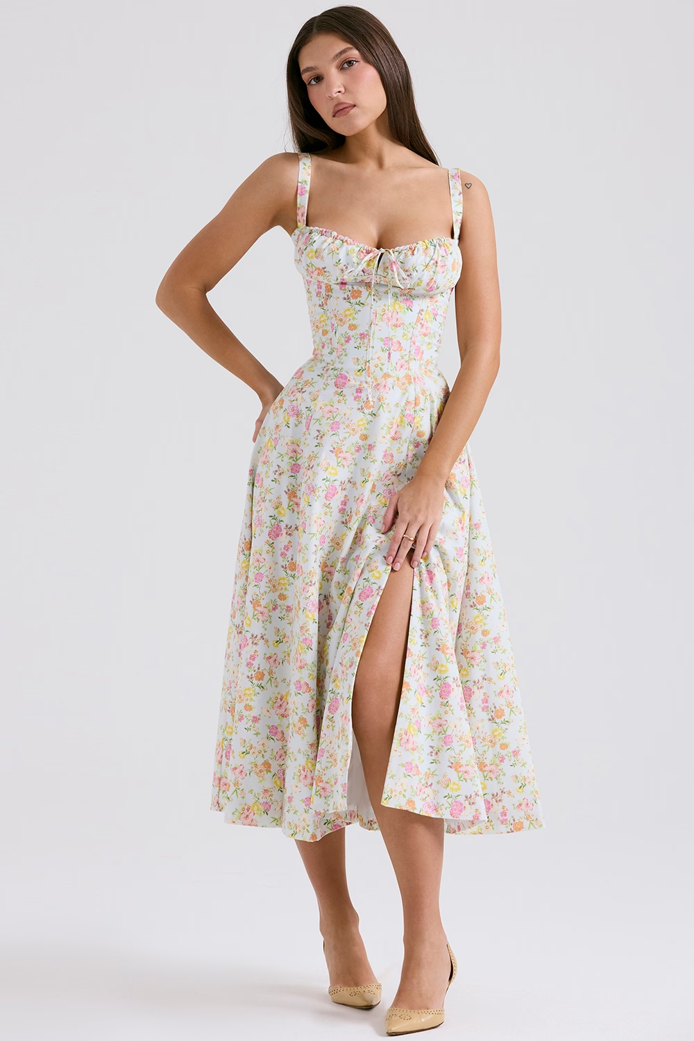 Multicolor floral midi dress with corset bodice and side slit