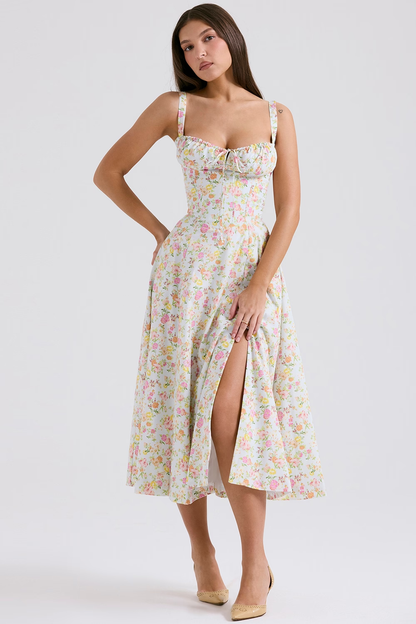 Multicolor floral midi dress with corset bodice and side slit