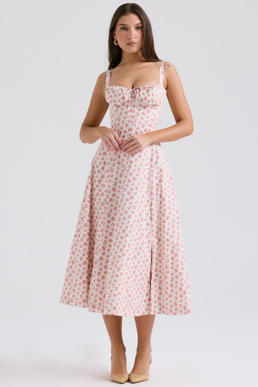 Pink floral midi dress with sweetheart neckline and front slit