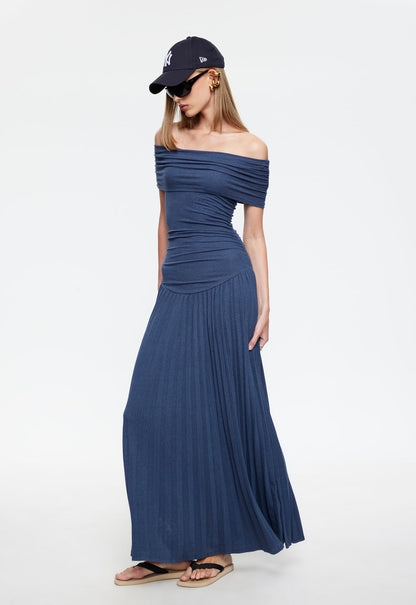 Navy blue shoulder maxi dress side view with draped off-shoulder neckline