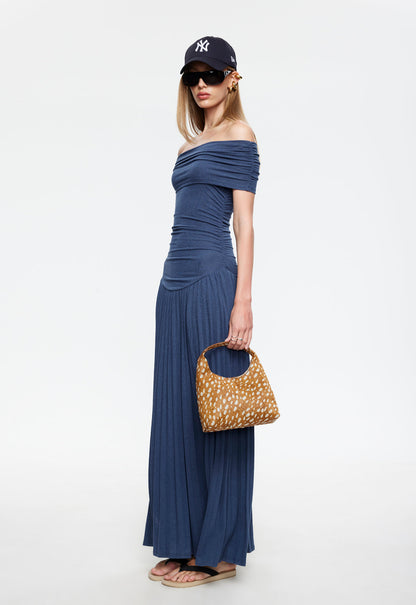 Navy off-shoulder maxi dress with ruched bodice and pleated skirt