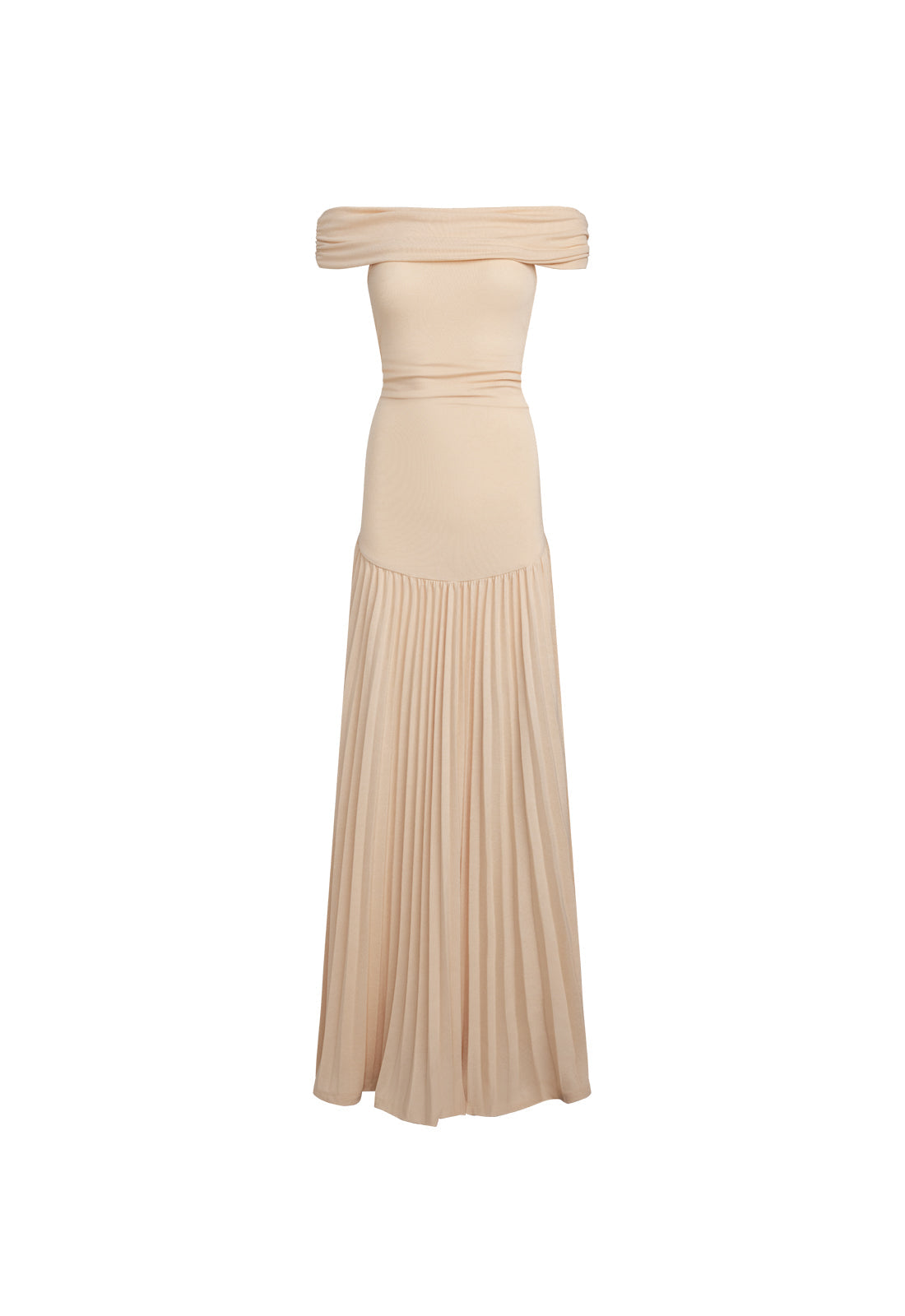 Cream off-shoulder maxi dress flat lay showing full silhouette and construction