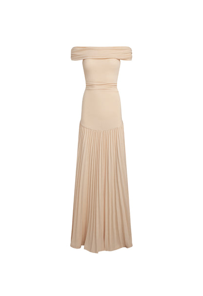 Cream off-shoulder maxi dress flat lay showing full silhouette and construction