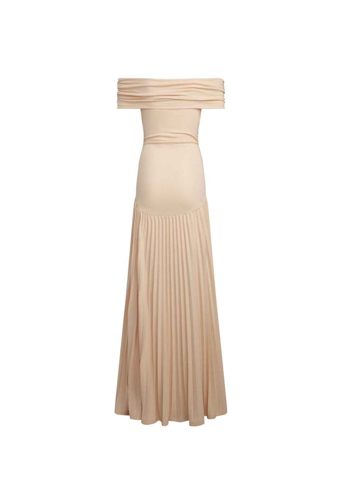 Cream shoulder maxi dress flat lay front view with ruched waist detail