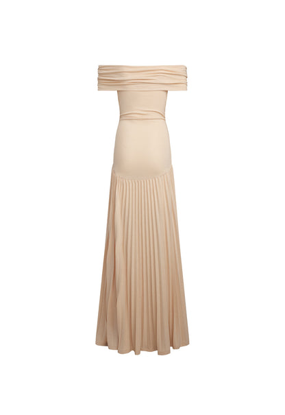 Cream shoulder maxi dress flat lay front view with ruched waist detail