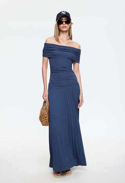 Navy blue off-shoulder maxi dress with ruched bodice and pleated skirt