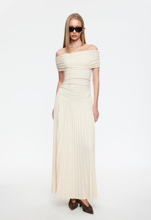 Cream off-shoulder maxi dress with ruched bodice and pleated skirt