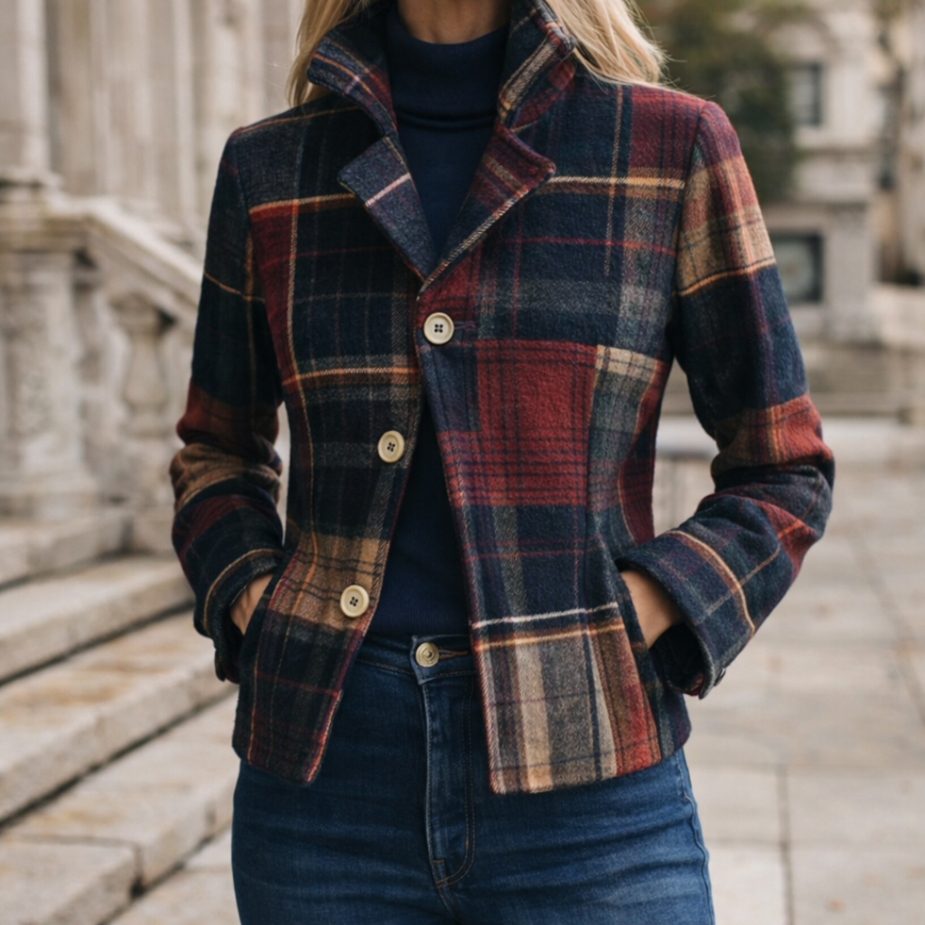 TAVIA | PLAID PATCHWORK BUTTON JACKET - Navy and Red Plaid