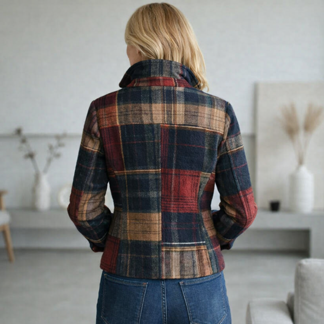TAVIA | PLAID PATCHWORK BUTTON JACKET - Navy and Red Plaid