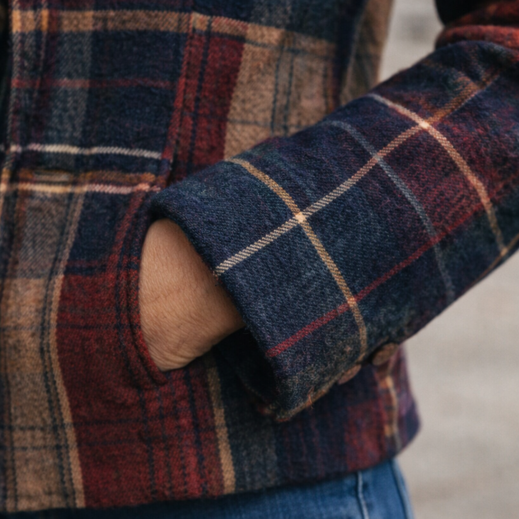 TAVIA | PLAID PATCHWORK BUTTON JACKET - Navy and Red Plaid