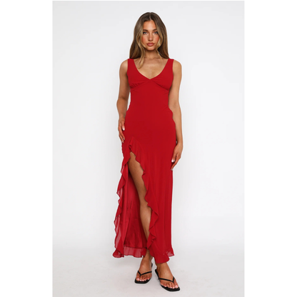 Red sleeveless v-neck maxi dress with ruffled asymmetrical hem detail