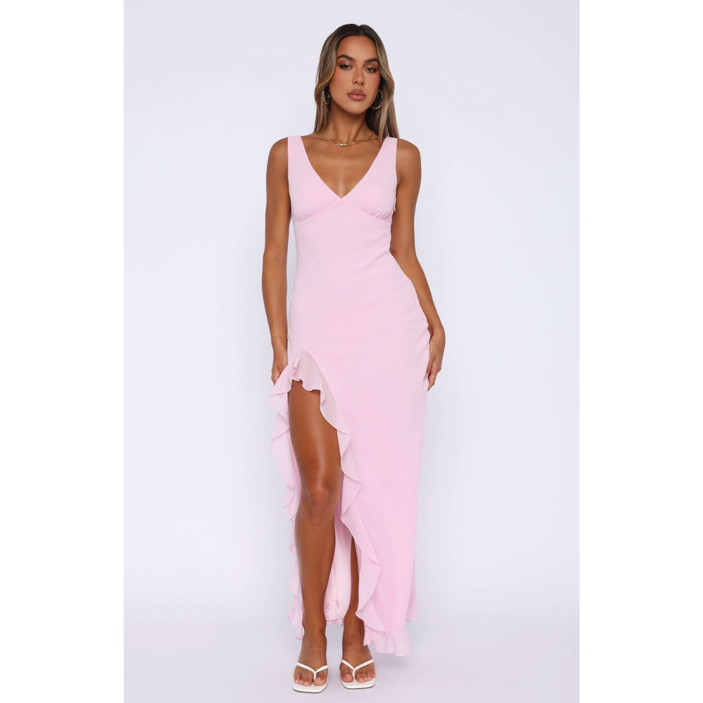 Pink sleeveless v-neck maxi dress with ruffled high-low hem