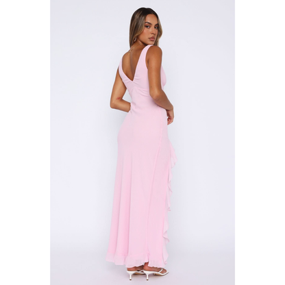 Back view of pink sleeveless maxi dress with deep v-back design