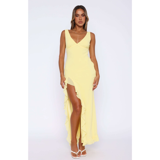 Yellow sleeveless v-neck maxi dress with ruffled asymmetrical hem